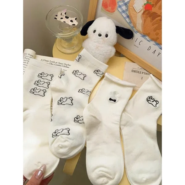 Set of 5 Korean Polka Dot Dog High-Collar Socks