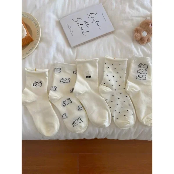 Set of 5 Korean Polka Dot Dog High-Collar Socks