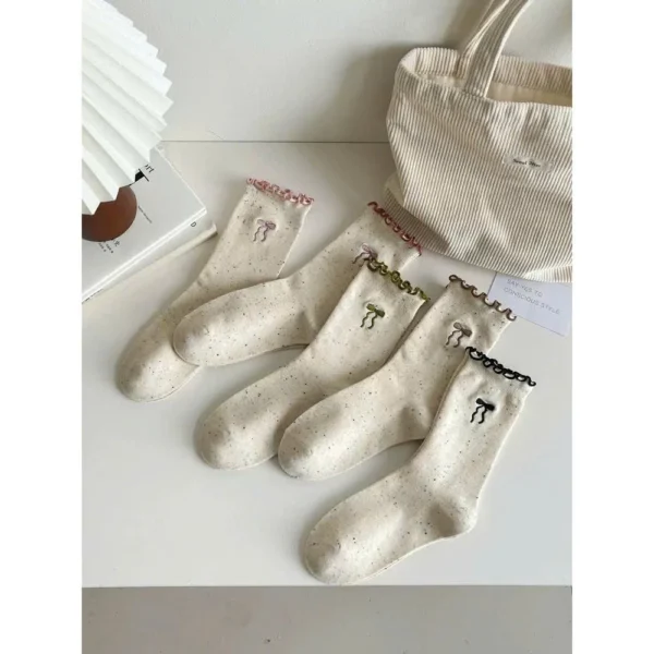 Set of 5 Women Korean Ruffle Bow Cotton Socks
