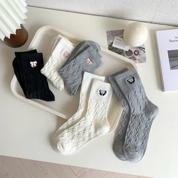 Set of 5 Women's Twisted Rope Bow High-Collar Socks