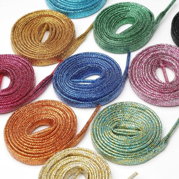 Hafebe1d12c9946eda6f2f2a670936e32M.jpg Premium Flat Shoelaces Shiny Bling Glitter Metallic Gold Durable Polyester Replacement Laces